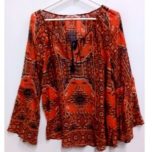 Miss Me Peasant Top Womens Medium Rust Orange Boho Tribal Bell Sleeve Tassel